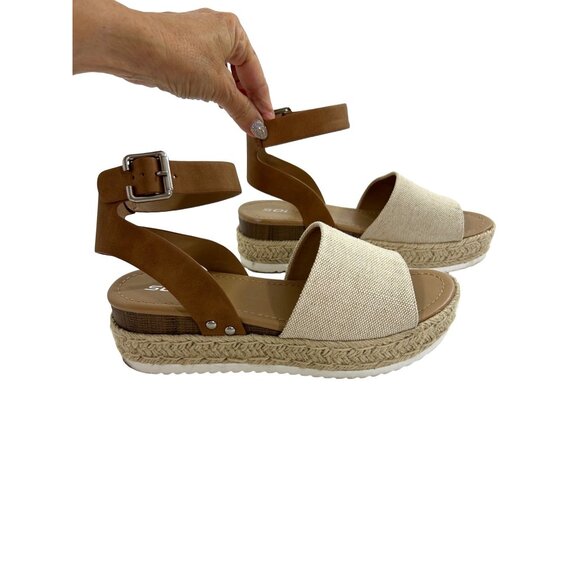 Soda Tuckin Sandals 9 Espadrilles Wedge Platform Tan Brown Ankle Strap Open Toe - Picture 5 of 14